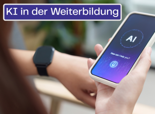 Foto eines Handys, Schriftzug "KI in der Weiterbildung"